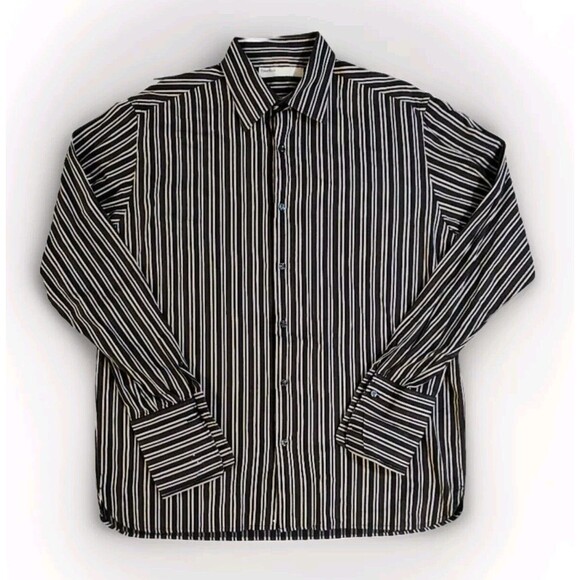 PERRY ELLIS Men's Black Brown Striped Long Sleeves Button-Down Shirt Size Large - Picture 1 of 16